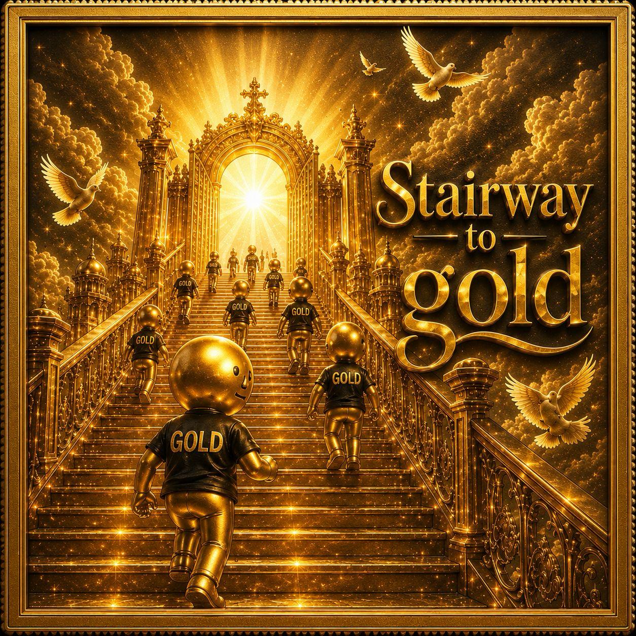 Golden stairway ascending toward divine heavenly gates